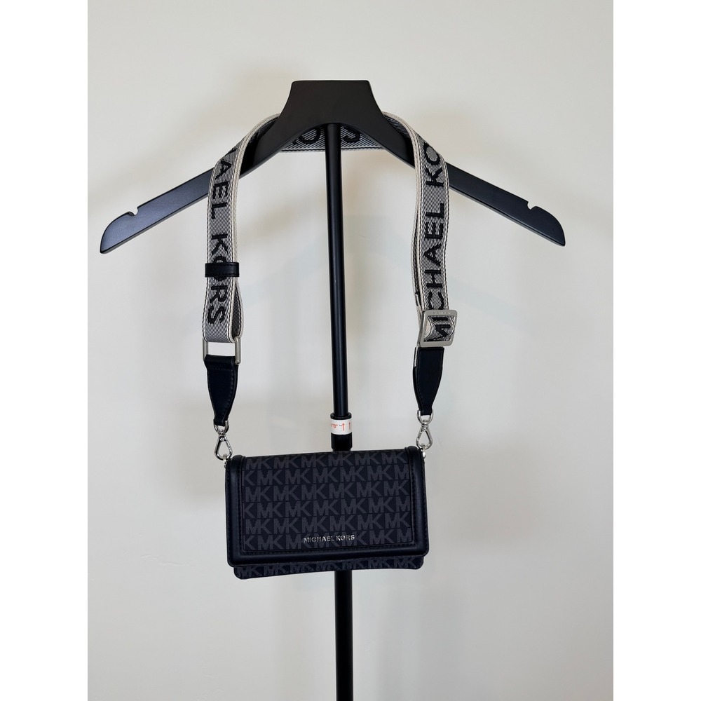 Michael Kors Signature Monogram Crossbody Wallet Bag Black Grey Logo Strap
